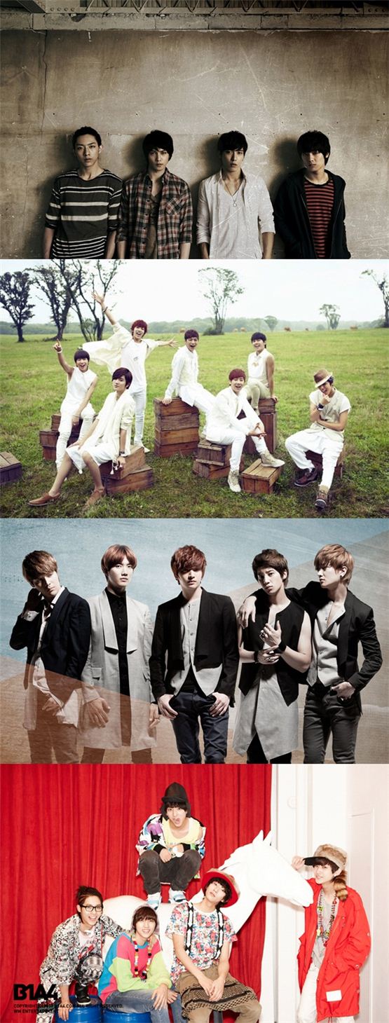 Members of K-pop boy groups CNBLUE (top) pose for their album "CODE NAME BLUE," INFINITE (second to top) pose for their album "She's Back," Choshinsung (third to top) poses for their new single "She's Gone" and B1A4 (bottom) pose for their album "Baby Good Night" all released in Japan on August 29, 2012. [FNC Entertainment/Woollim Entertainment/Maru Entertainment/WM Entertainment]