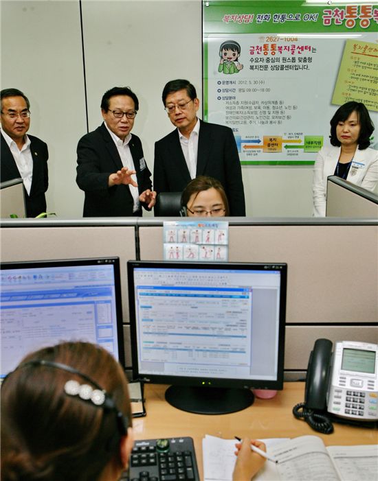 차성수 금천구청장(왼쪽 두번째)가 김황식 국무총리에게 복지콜센터 운영 현황에 대해 설명하고 있다.