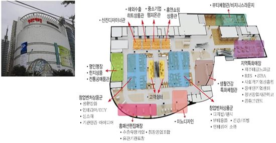 행복한백화점 4층에 위치한 중소기업 히트500 플라자 상품구성.