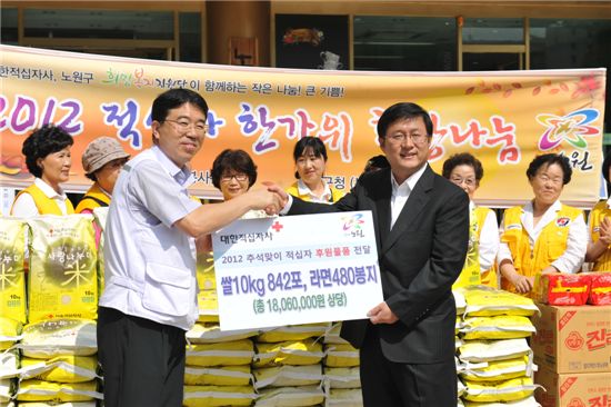 김성환 노원구청장(오른쪽)이 적십자 관계자로부터 희망나눔 물품을 전달하고 있다.  
