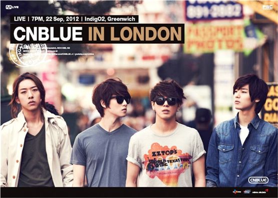 CNBLUE's Lee Jung-shin (left), Lee Jong-hyun (second to left), Jung Yong-hwa (second to right) and Kang Min-hyuk (right) pose together for their concert poster for their London concert dubbed "CNBLUE LIVE IN LONDON" set to take place in Greenwich, London on September 22, 2012. [FNC Entertainment]