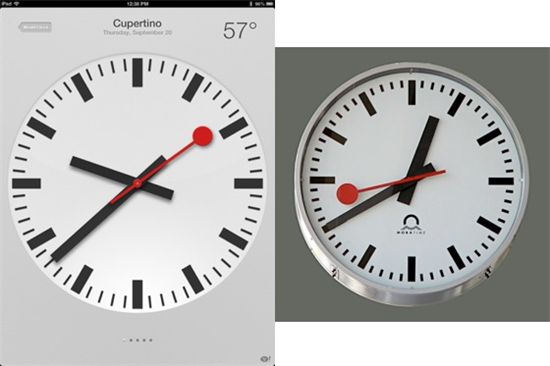 ▲애플의 iOS6의 시계앱(왼쪽)과 스위스 몬다이네 시계 디자인(오른쪽)