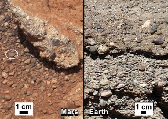 27일 NASA가 화성에서 큐리오시티가 보내온 강이 흐른 흔적 사진(왼쪽)을 공개했다. 이는 지구의 수성암과 닮은 모습이다.(자료=나사)
