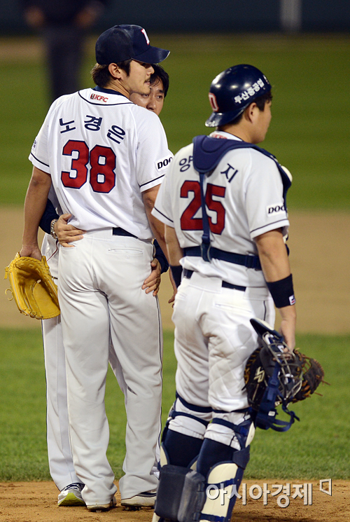 [포토] 노경은 '타구가 오른쪽 다리에..아프다'