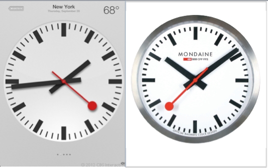 애플 iOS6의 시계 디자인(왼쪽)과 스위스 시계 제조사 몬데인의 시계 디자인(오른쪽)