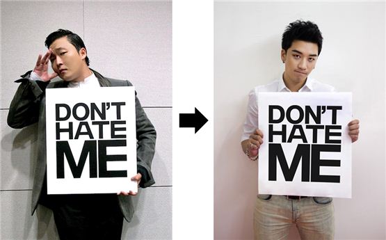 PSY (left) holds a sign board that read "DON'T HATE ME" and Big Bang member Seungri shows the same sign (right) in the aggregated photo released by YG Entertainment on October 16, 2012. [YG Entertainment]