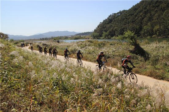 ▲자전거 동호회원들이 섬진강 자전거 길을  달리고 있다.