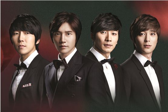 "The Sorrow of Young Werthers" 2012 cast members Kim Jae-beom (left), Kim Da-hyeon (second to left), Seong Doo-seob (second to right) and Jun Dong-seok (right) pose in the cover photo of the musical's Seoul shows, which opened its curtain at Seoul's Universal Arts Center, Korea, on October 25, 2012.