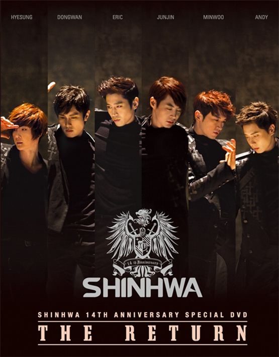 Shinhwa members Shin Hye-sung (left), Kim Dong-wan (second to left), Eric (third to left), Jun Jin (third to right), Lee Min-woo (second to right) and Andy (right) pose for their upcoming DVD album "SHINHWA 14th ANNIVERSARY SPECIAL DVD &lt;THE RETURN&gt;," to be released on October 30, 2012. [Shinhwa Company]