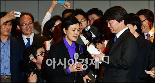 [포토]축사 준비한 안철수, 강금실 전 법무부 장관을 비롯한 기자들 궁금증 유발