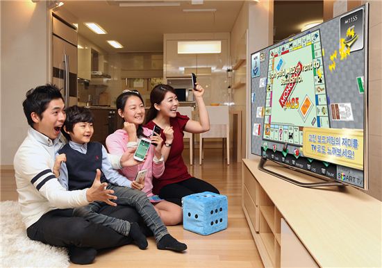 삼성전자 모델들이 스마트폰과 삼성 스마트TV를 연결해 즐기는  컨버전스 게임 모노폴리를 소개하고 있다. 