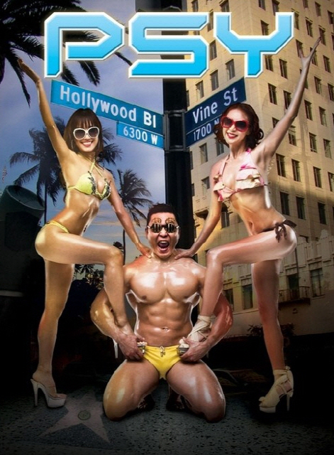 Korean pop sensation PSY (center) poses in a yellow swimming suit in the poster of his upcoming U.S. concert to be held at the Honda Center in Anaheim, California on January 26, 2013. [Scooter Braun Project]