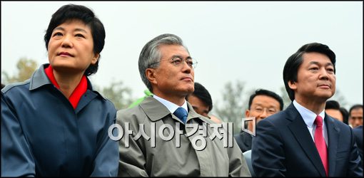 [포토]각자 다른 곳 보는 박근혜-문재인-안철수