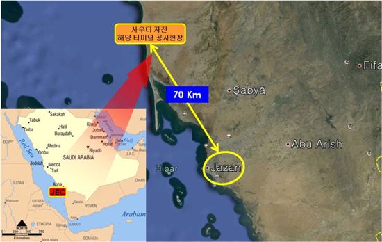한화건설이 14일 본계약을 체결한 6억달러 규모의 사우디 해양터미널 공사 현장 위치도