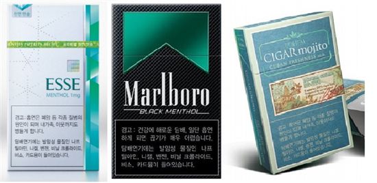 12월 8일부터 제품명을 바꿔야 하는 담배 제품들. 왼쪽부터 KT&G의 에쎄멘솔1mg, 필립모리스코리아의 말보로블랙멘솔, KT&G의 보헴시가모히토