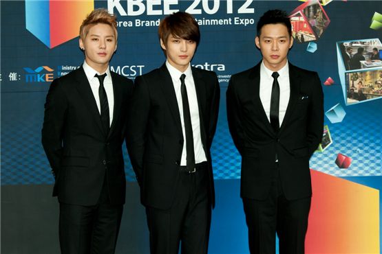JYJ member Kim Junsu (left), Kim Jae-joong (center) and Park Yuchun (right) pose before the appointment ceremony of the upcoming Korea Brand & Entertainment Expo [KBEE2012], held at Korea Trade-Investment Promotion Agency's head office in southern Seoul, Korea on October 17, 2012. [Lee Jin-hyuk/ 10Asia]
