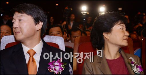 [포토]다른 곳 보는 두 후보, 박근혜-안철수 대선후보