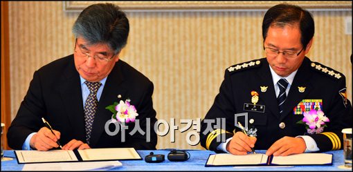 [포토]협약식 서명하는 김중수 한은 총재-김기용 경찰청장