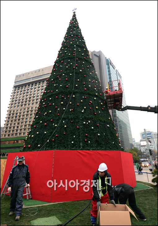 [포토]서울광장에 세워질 대형 트리 작업 중