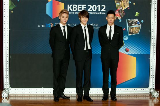 JYJ members Kim Junsu (left), Kim Jae-joong (center) and Park Yuchun (right) pose before the appointment ceremony of the upcoming Korea Brand & Entertainment Expo [KBEE2012], held at Korea Trade-Investment Promotion Agency's head office in southern Seoul, Korea on October 17, 2012. [Lee Jin-hyuk/ 10Asia]