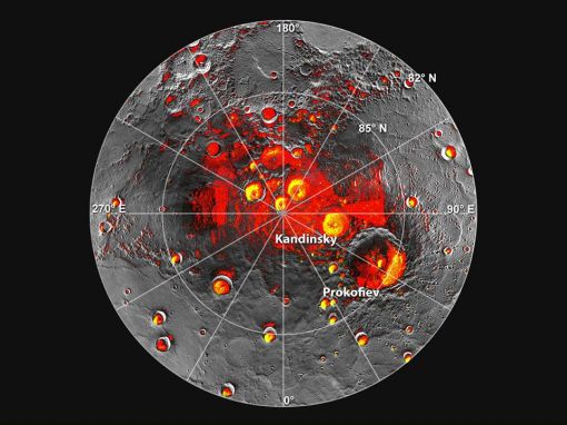 ▲ 메신저호가 촬영한 수성 극지방의 분화구 영상과 아레시보 전파망원경이 얼음으로 추정한 영상(노란색)을 합성한 결과 그 위치가 일치하는 것으로 나타났다. (출처: NASA)