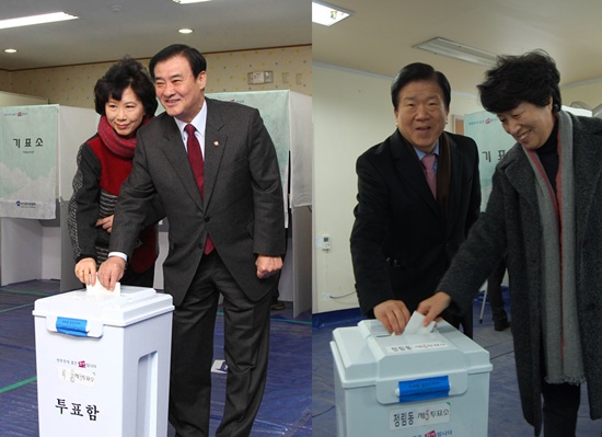 강창희(왼쪽) 국회의장과 박병석(오른쪽) 국회부의장이 19일 오전 주소지가 있는 대전에서 투표하고 있다.