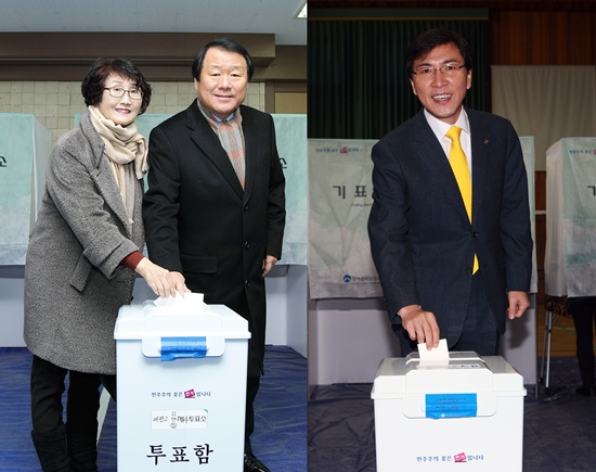 염홍철 대전시장(왼쪽)과 안희정 충남지사가 각각 대전과 충남에서 투표를 하고 있다.