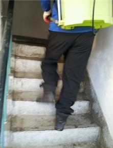 ▲ 유품정리 업체 대표 윤성기(53)씨가 작업복을 갖춰입은 채 계단을 오르고 있다.