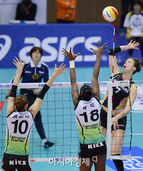 [포토] 스파이크 때리는 현대건설 야나