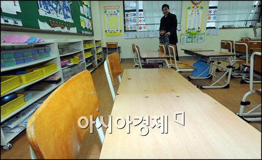 [포토]교실 둘러 보는 예비 초등학생과 아버지