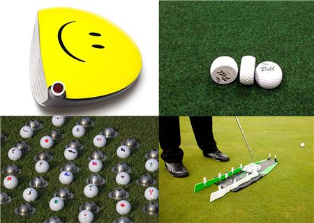  PGA쇼에서 소개된 아이디어 제품들. 크라운 스티커와 연습용 공, 퍼팅 트랙, 볼마크용 형판.(왼쪽 위부터 시계방향으로) 