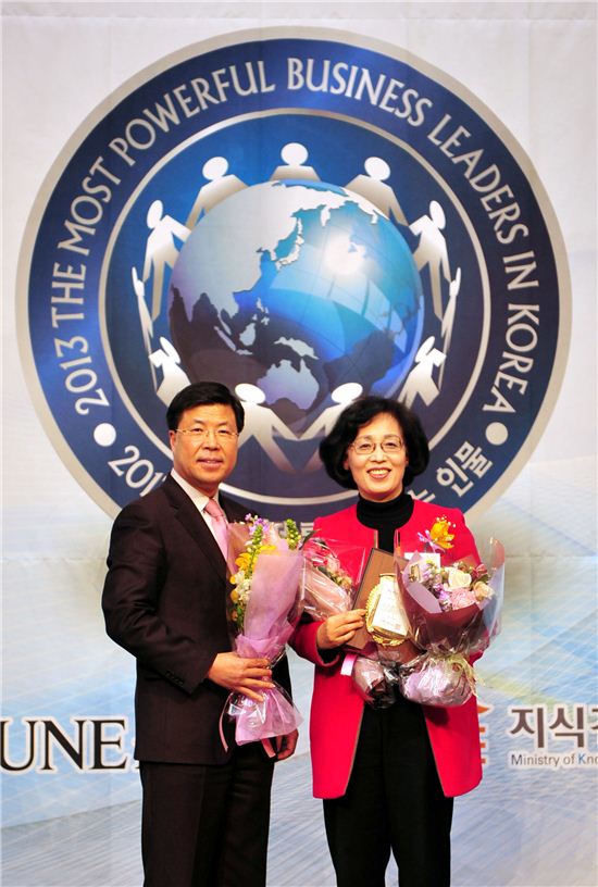 박춘희 송파구청장(오른쪽)이 6일 오전 11시 밀레니엄 힐튼 호텔 그랜드볼룸에서 이상석 포춘코리아 대표로부터 ‘2013 한국 경제를 움직이는 인물’ 상패를 받았다. 

