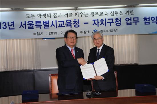고재득 성동구청장(왼쪽)이 문용린 서울시 교육감과 악수를 나누고 있다.