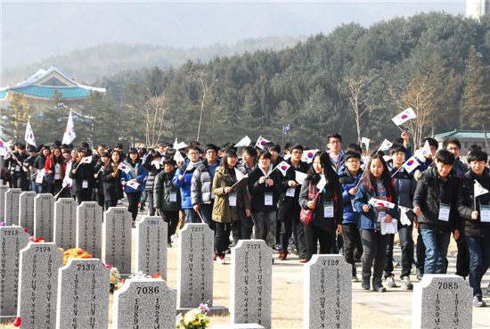 태극기를 들고 묘비를 지나고 있는 노벨영재교육원 학생들.