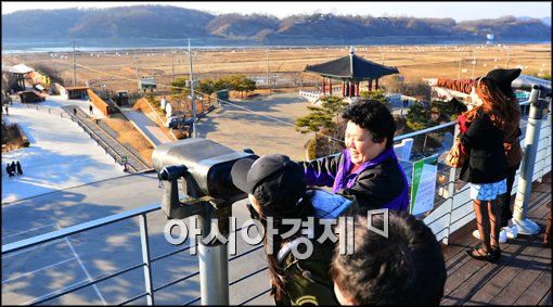 [포토]북한 보는 관광객들
