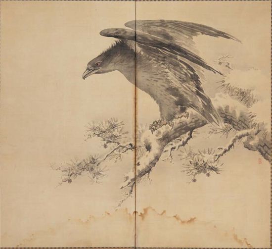 시미즈 도운, <매 그림(鷹圖)>, 1910년경, 각 폭 171.0×92.9㎝