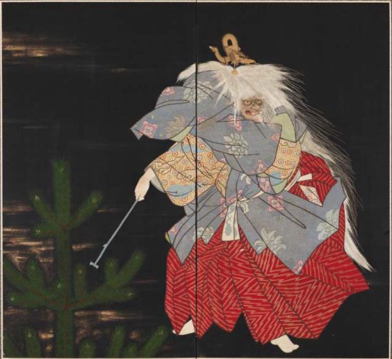 작가 미상, 일본 가면극을 수놓은 가리개(岩船圖刺繡二幅屛), 20세기 초, 각 폭 165.0×90.4㎝