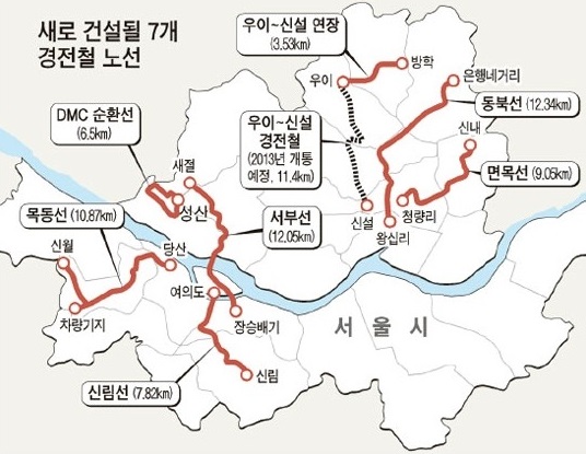 ▲ '서울특별시 10개년 도시철도 기본계획'에 따라 설정된 7개 경전철 노선