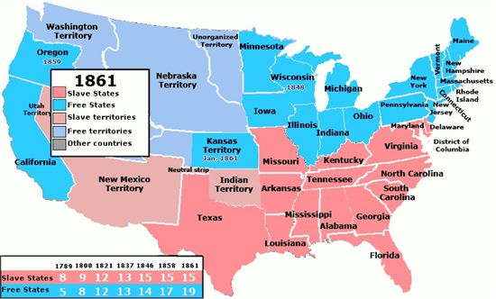 1861년 미국내 자유주(free state)와 노예주(slave state).(출처 : 위키피디아)