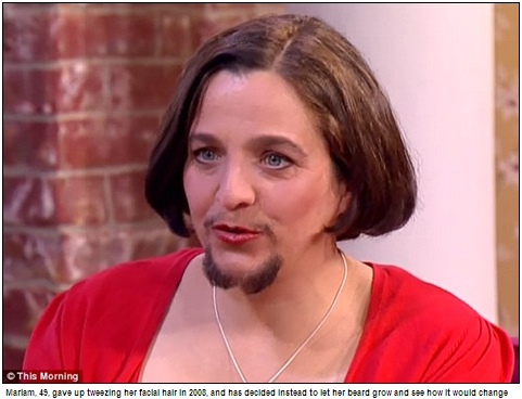 ▲ 수염이 자라나는 희귀병을 앓고 있는 마리암(49)이 영국 TV방송에 출연해 공개 구혼에 나섰다고 영국 데일리메일이 전했다.