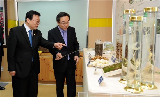 이동필(왼쪽) 농림축산식품부 장관이 윤영균 국립산림과학원장으로부터 임산물에 대해 설명을 듣고 있다.