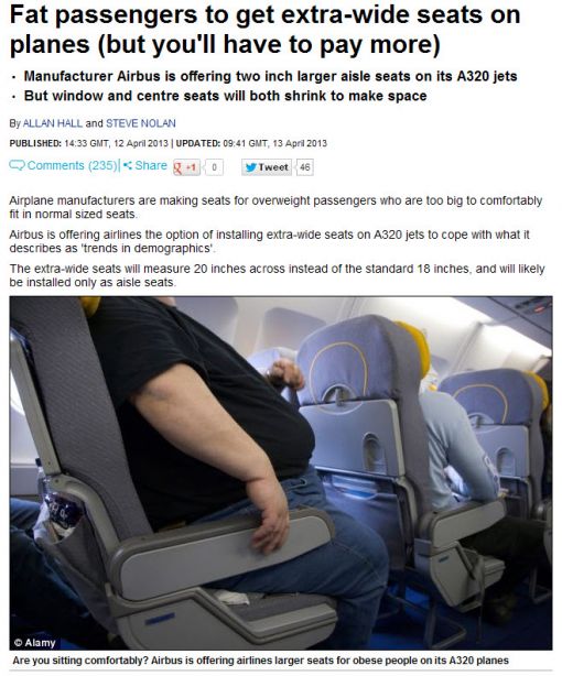 "뚱뚱한 승객은 더 비싸게" … 비행기 비만 전용석 확대