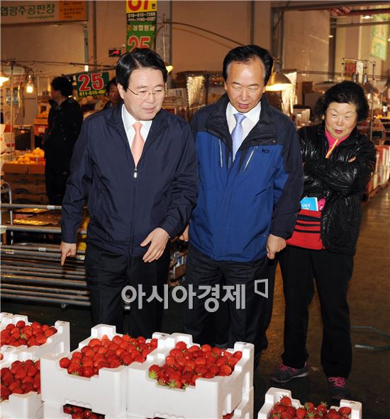 김양수 장성군수(왼쪽)가 농산물을 살펴보고 있다.
