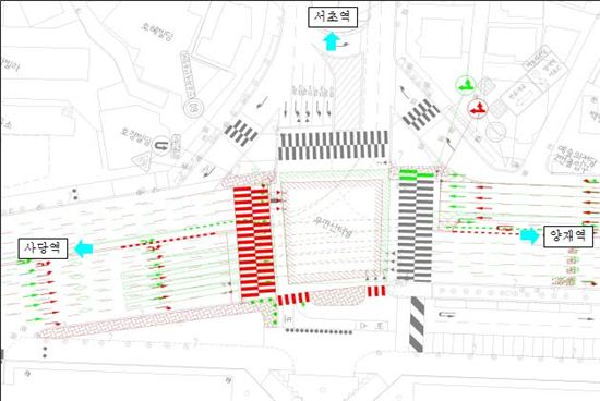 예술의 전당 앞 삼거리 횡단보도 설치 위치도 및 차선 변경도

