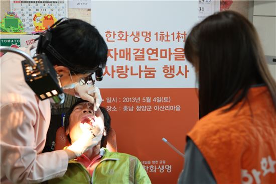 한화생명 직원들이 5일 1사1촌 자매결연마을인 충남 청양군 아산리마을을 찾아 주민들을 대상으로 치과치료를 실시하고 있다. 