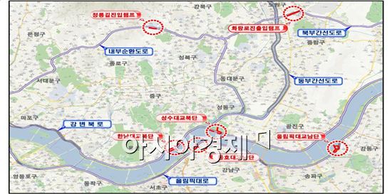 서울시가 2016년까지 신설하는 도시고속도로 진출입램프 6곳 위치도.