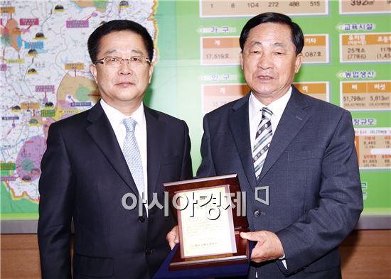 안병호 함평군수(오른쪽)가 (사)한국국제회계학회 이우창 회장으로부터 상패를 전달받고 있다.