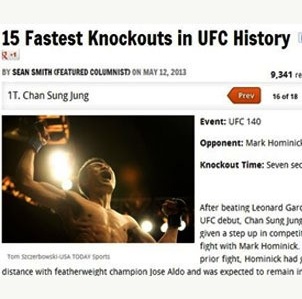 UFC 가장 빠른 KO승 "코리안 좀비 정찬성 1위"