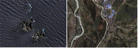 ▲다목적실용위성 3호가 촬영한 주요 영상이다. 대한민국 독도(왼쪽)과 중국 쓰촨성 지진 피해 현장. (출처: 한국항공우주연구원)