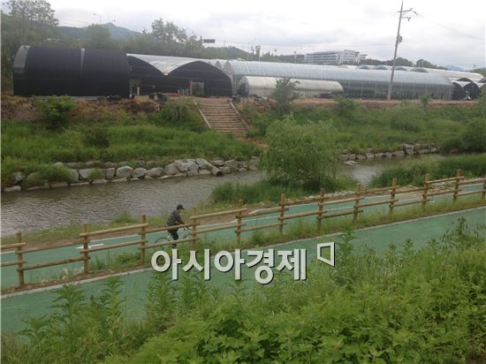 스타힐스 인근 양재천에서 인근 주민이 자전거를 타고 있다.